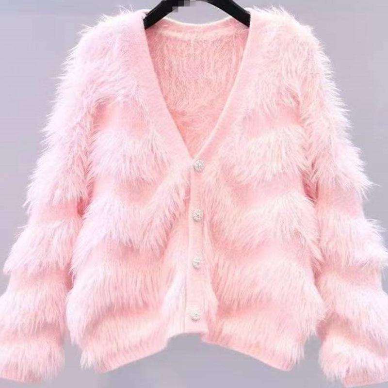 

Autumn and winter new sweater women s knitted cardigan jacket collar imitation mink thickened fashion loose casual elegance average size