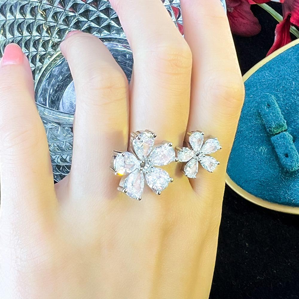 CMM Jewelry Clear White Cubic Zirconia Lovely Open Cuff Adjustable Flower Rings for Women Wedding Bridal Jewellery Accessories