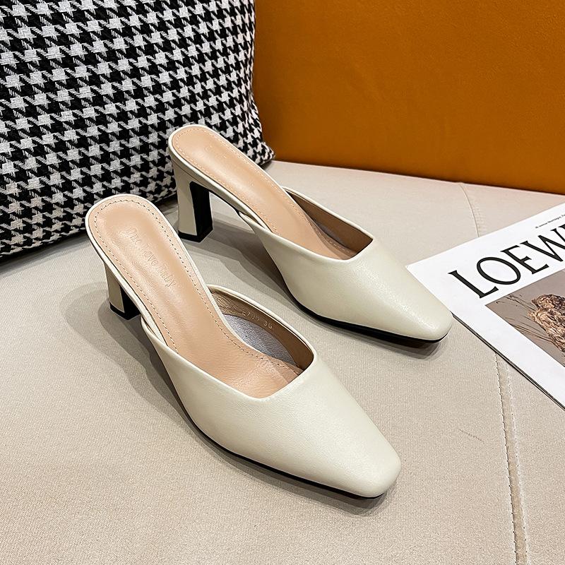 Fashion 7CM High Block Heels Mules Shoes Ladies Pointed Toe Wedges Slides Shoes Woman U Open Slingback Sandals Femmes Pantuflas Slippers