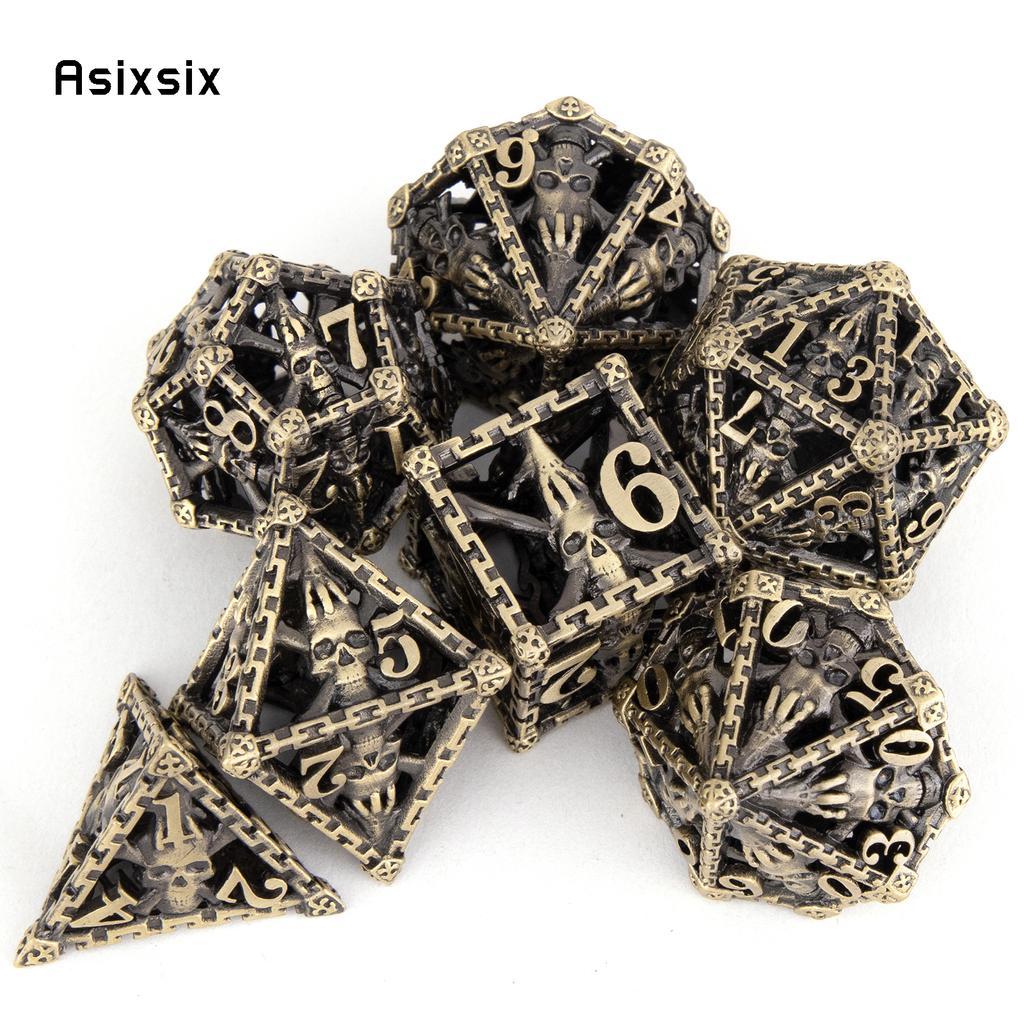 7 Pcs Copper Hand Skull Head Metal Dice Hollow Metal Polyhedral Dice Set Suitable for Role-Playing RPG  Board Game Card Game