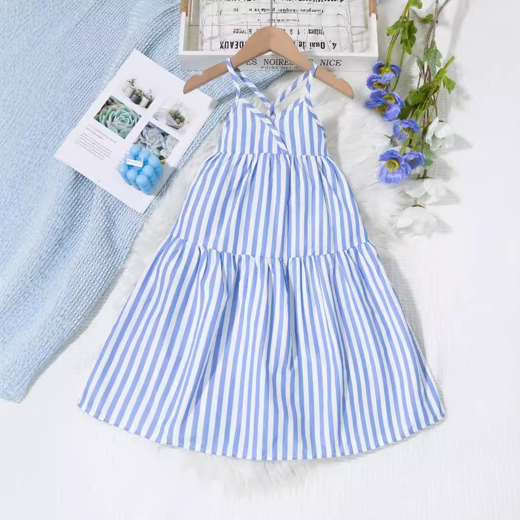 

2026 New Summer Style Blue and White Vertical Striped Small Suspender Holiday Style Dress 90cm синій