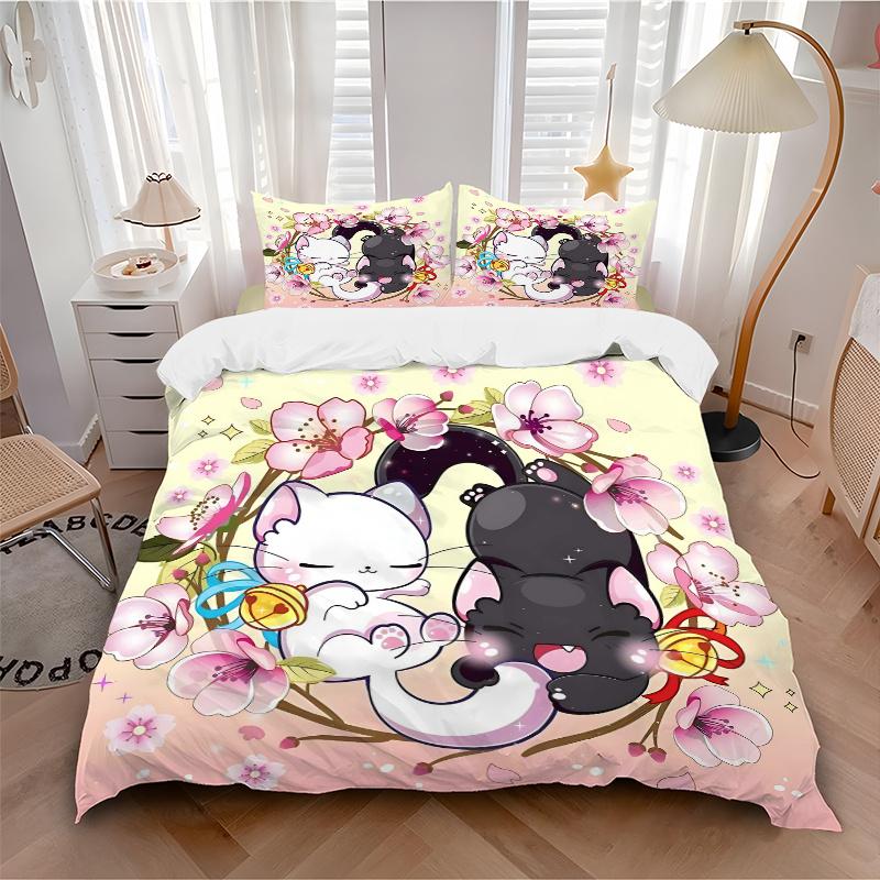 3pcs Creative Adorable White Cat and Black Cat Printed Bedding Set, Soft and Comfortable Quilt Cover for Bedroom, Guest Room (1 Duvet Cover