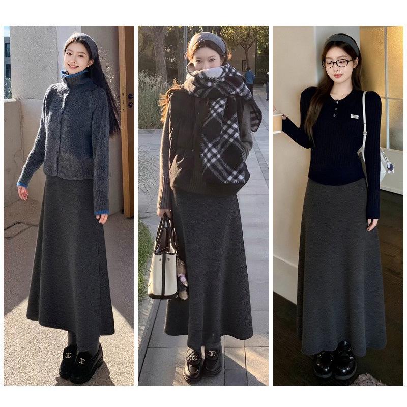 High Waist Woolen A-Line Skirt with Velvet Lining - Slimming, Versatile, Mid-Length for Autumn/Winter