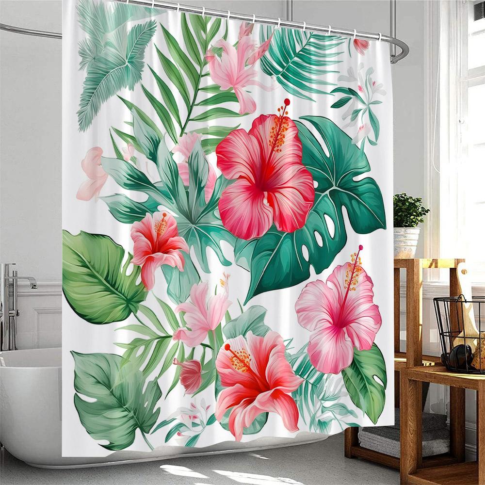Green Plants Shower Curtain Tropical Leaves Cactus Succulent Flower Botanical Bathroom Decor Polyester Bathtub Curtain With Hook