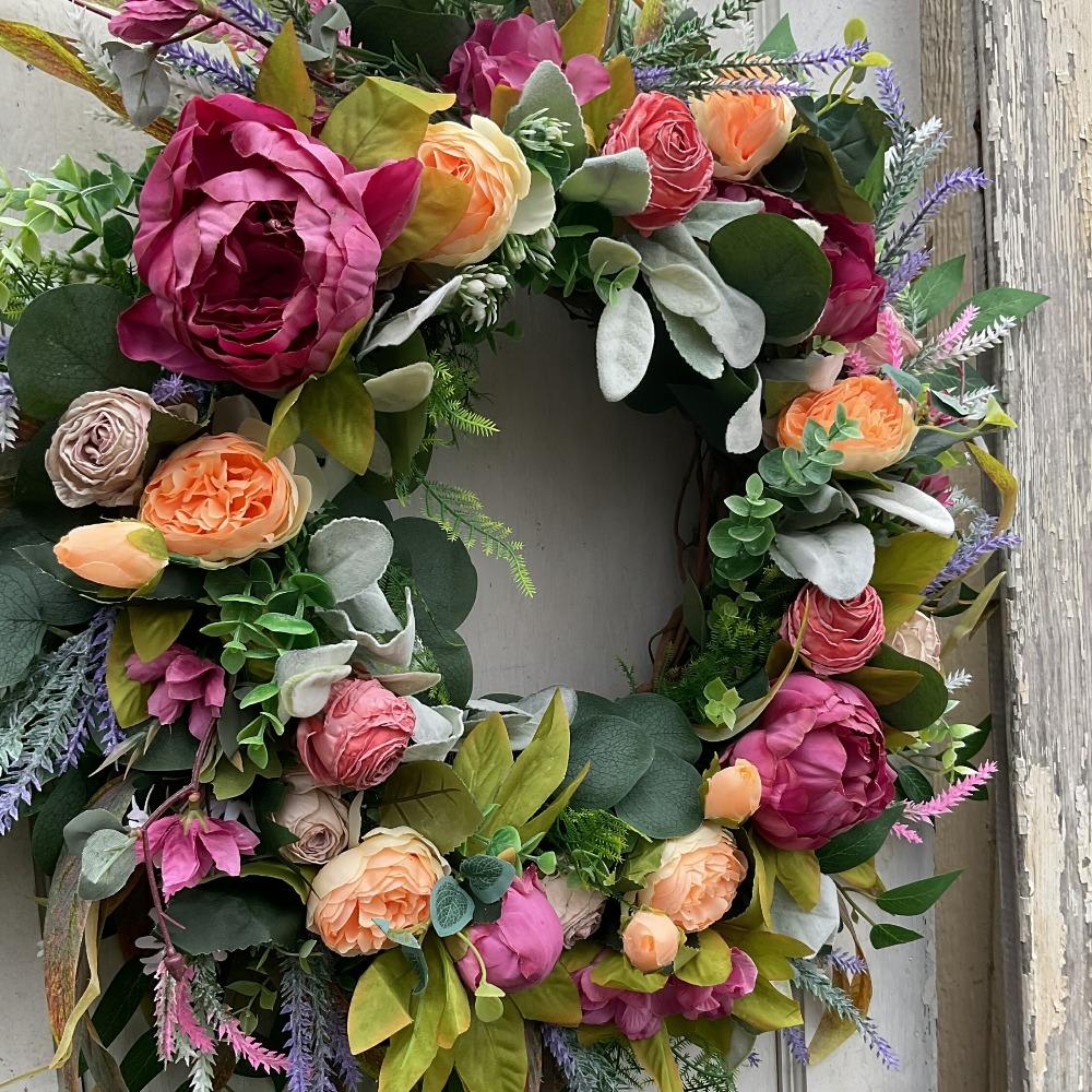 Artificial Wreath Peony Rose Garland with Leaves Vine Spring Summer Front Door Hanging Wreath for Farmhouse Office Home Wedding