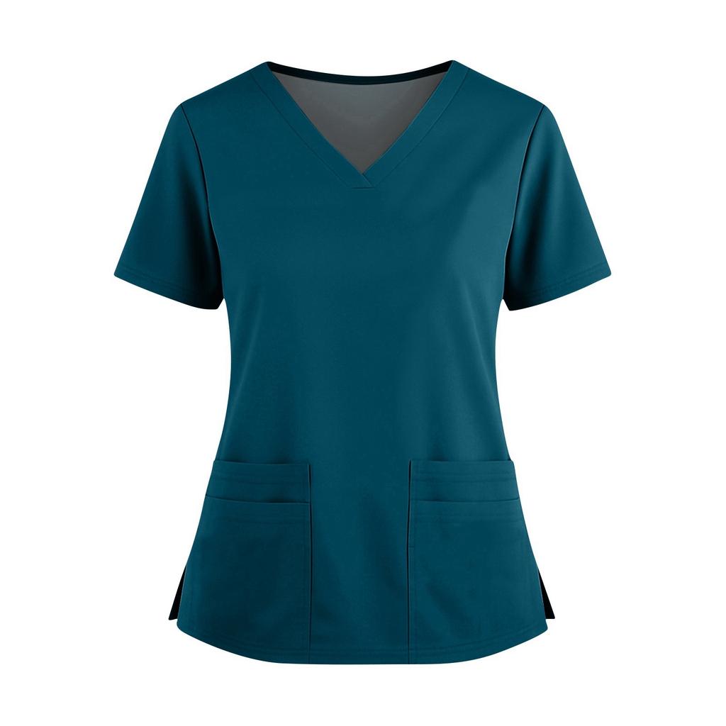 Women's Fashionable Solid Color V-neck Double Pocket Short Sleeved Shirt With Slit Hem Uniform And Worker Top