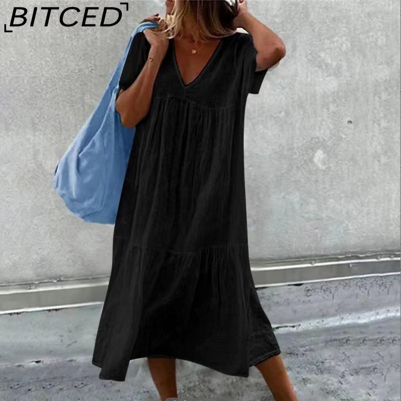 BITCED Women's Fashion Summer Spring Solid Color Print Short Sleeve V-Neck High Waist Casual Dresses