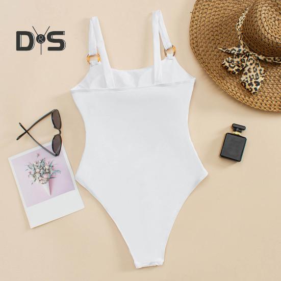 Women Monokini Padded Underwire Solid Color Square Neck One-Piece Bikini with Hollow Design Beach Vacation Swimwear