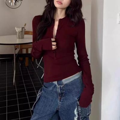 Autunno Vino Rosso Bottoni Y2k T-shirt Donna Inverno Chic Manica Lunga Slim Fit Top Coreano 2024 Streetwear Solid Basic Casual Tees