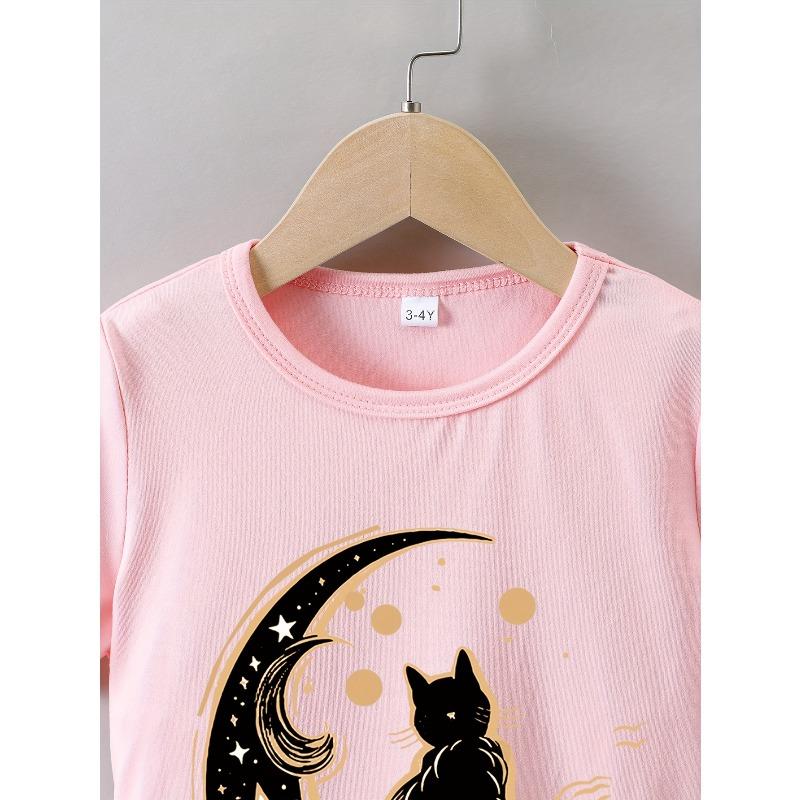 Girls' Summer Short-Sleeve T-Shirt with A 'Beautiful Moon Cat' Print