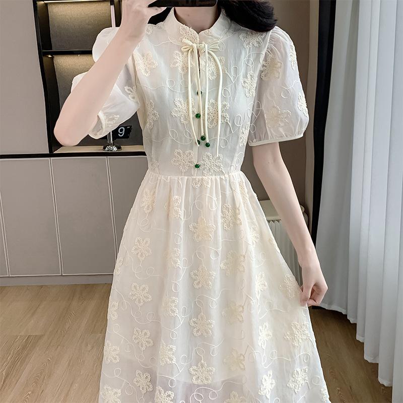 Women's Summer Jacquard Midi Dress with Stand Collar, Slim Waist, and Modern Chinese Style