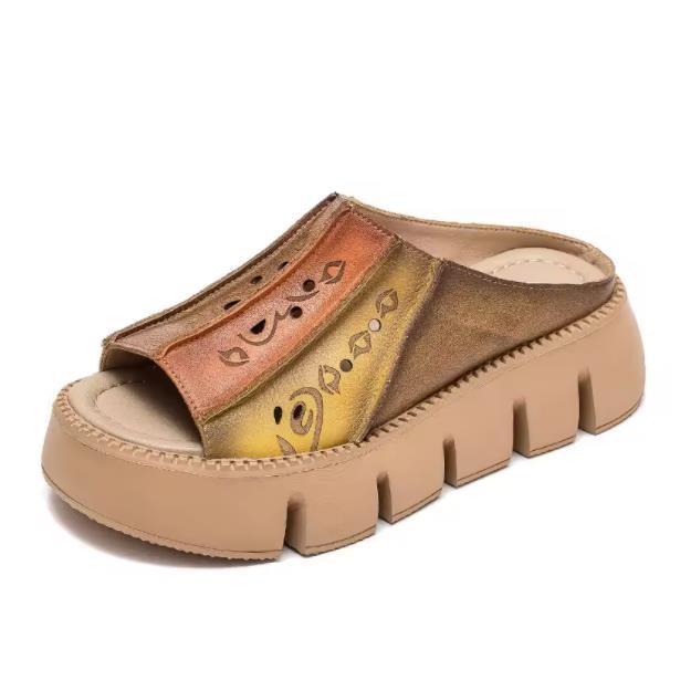 

Модные летние туфли из натуральной кожи, женские шлепанцы на танкетке, уличные шлепанцы для отдыха, 2025, новые, ручной работы, лаконичные женские шлепанцы 40 жёлтый