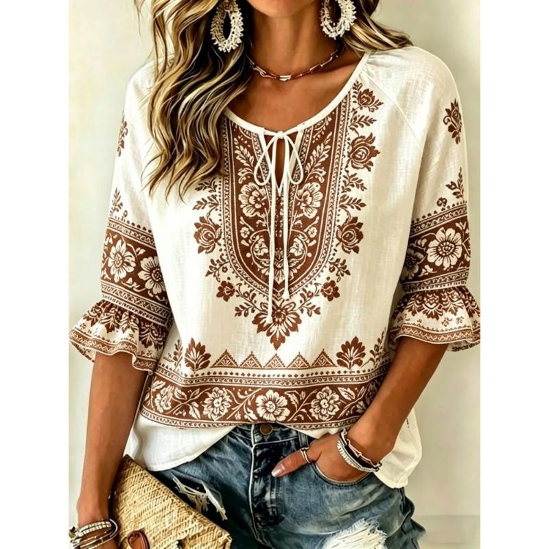 Women's White Boho Floral Print Tie Neck Blouse, Casual Loose Tops for Spring Summer Daily Wear & Vacation Occasions