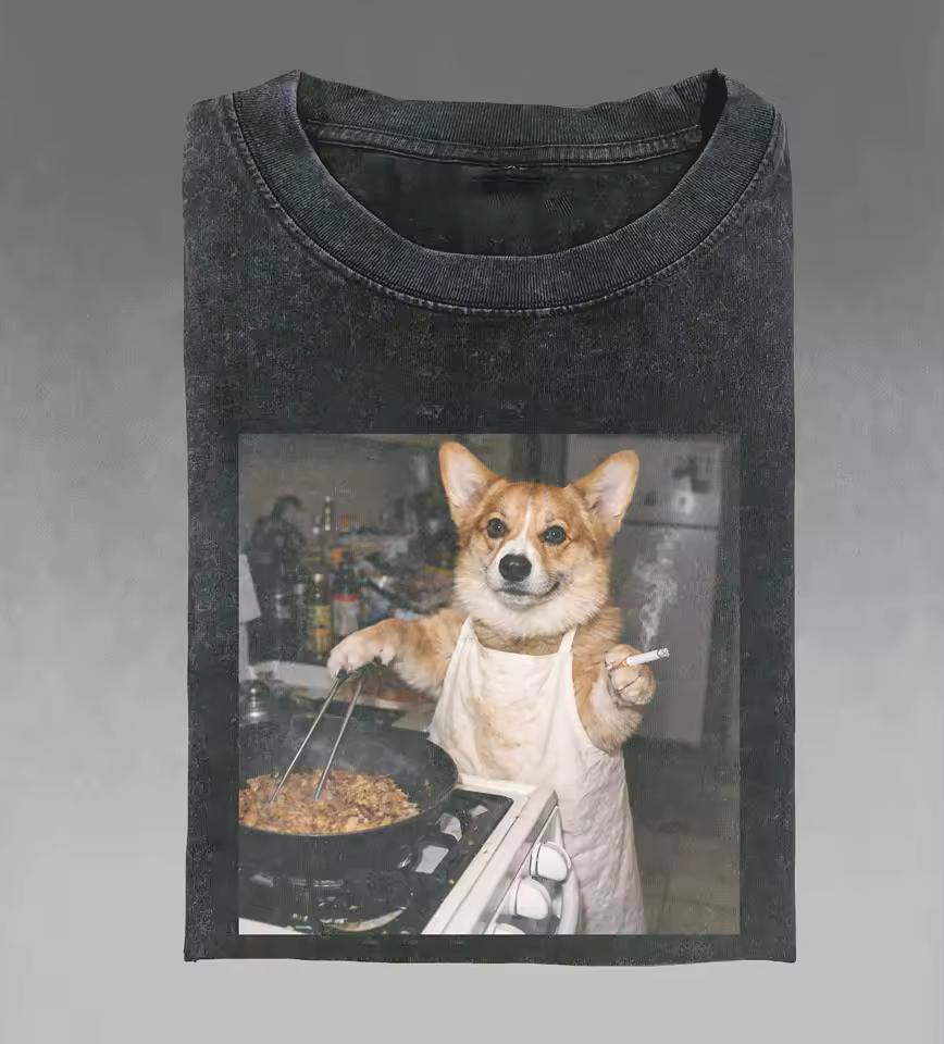 Fun Corgi shirt, retro cooking dog emoji pattern T-shirt, trendy T-shirt All-season pure cotton couple street style shirt