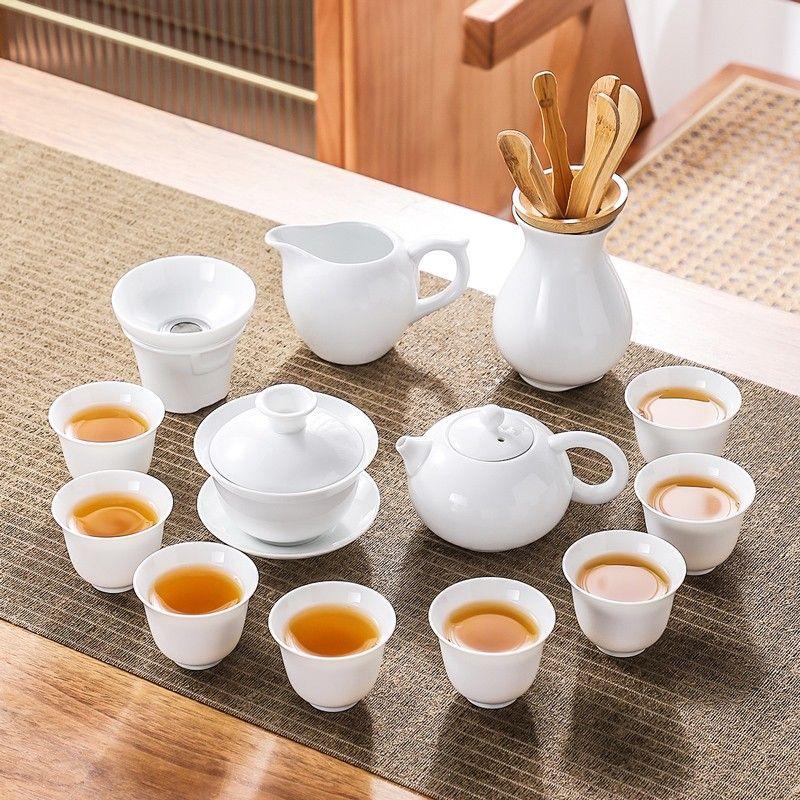 

15pcs Set Yangzhi Jade Tea Set High End White Porcelain Kung Fu Tea Set for Household Use Gaiwan Fair Cup Teapot Tea Filter 15 piece set