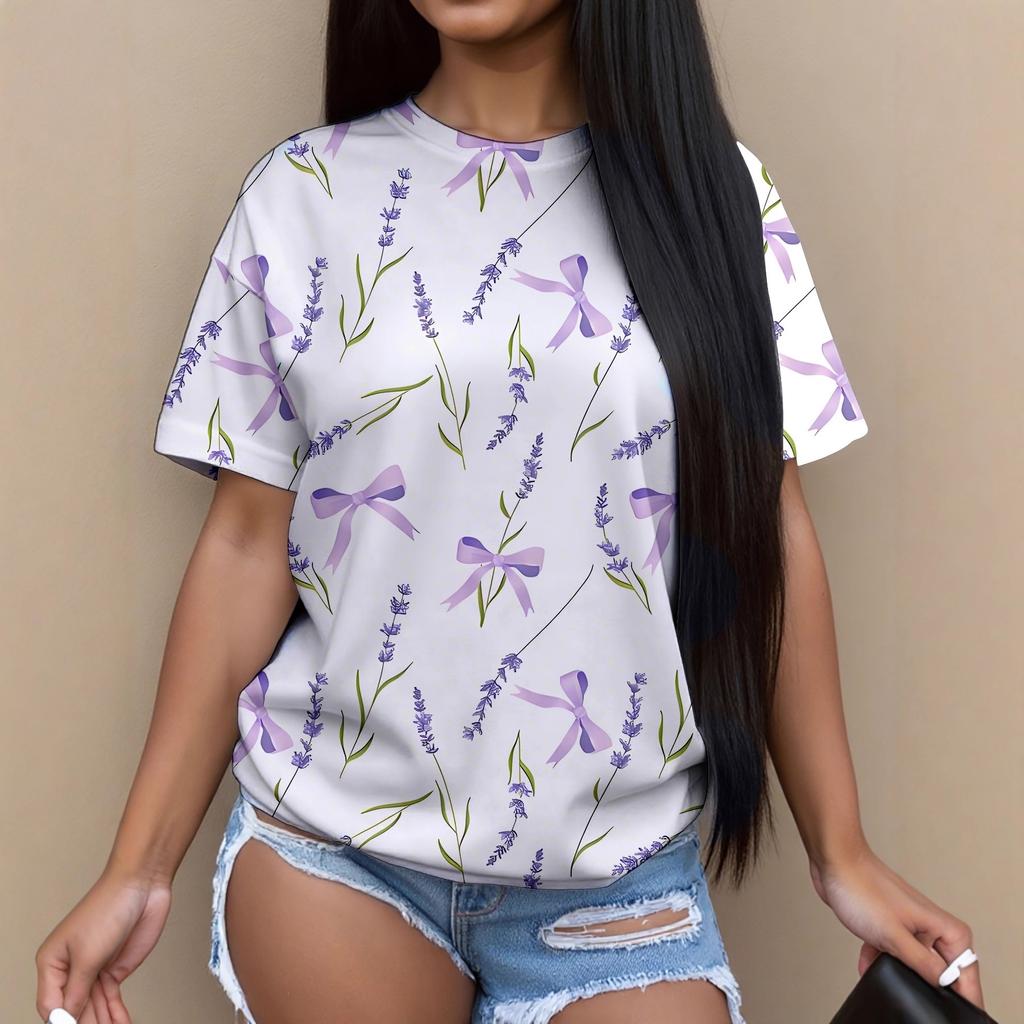 Summer New Women's Casual T-shirt Floral Print Fashion 3D Short Sleeved Round Neck Comfortable Plus Size T-shirt