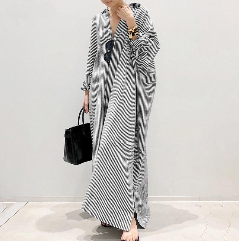 New European & American Women's Plus Size Striped Long Nightgown - Breathable & Loose Homewear