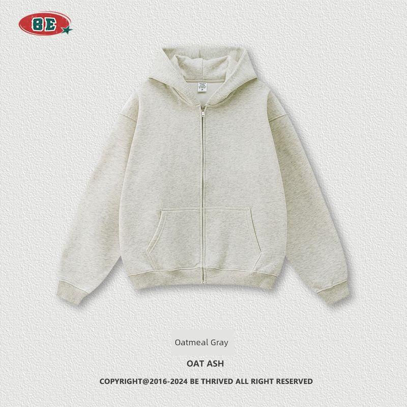 American Street Pure Color Loose Velvet Padded Hooded Sweatshirt Men and Women 2024 Autumn and Winter Fashion Brand Knitting Sports Zipper Outwear