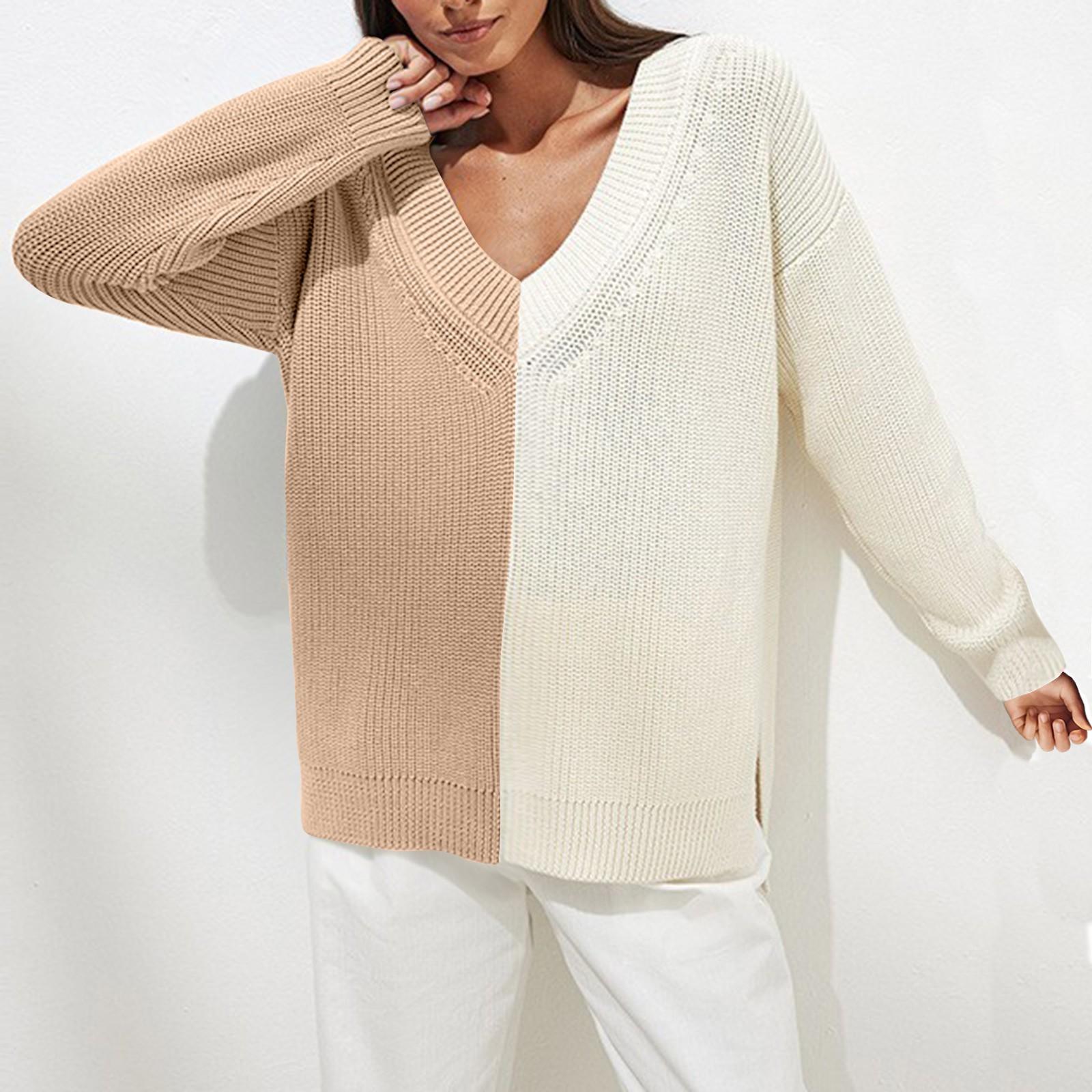 

Женский осенне-зимний вязаный свитер свободного покроя с V-образным вырезом и длинными рукавами S хаки