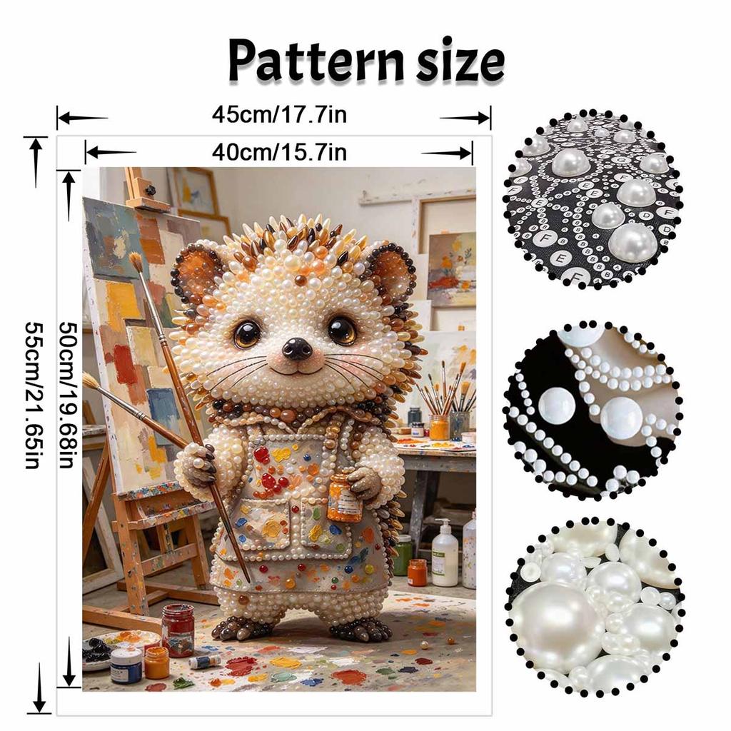 5D Framed Pearl Painting Kit Cute Artist Hedgehog Pattern Sparkling Bead Art Canvas Ready to Display Creative Home Decor Gift