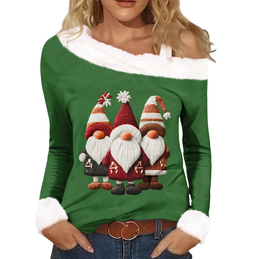 Women's Casual Fashion Sexy Off-Shoulder Collar Christmas Pattern Long Sleeve Crewneck T-Shirt Top