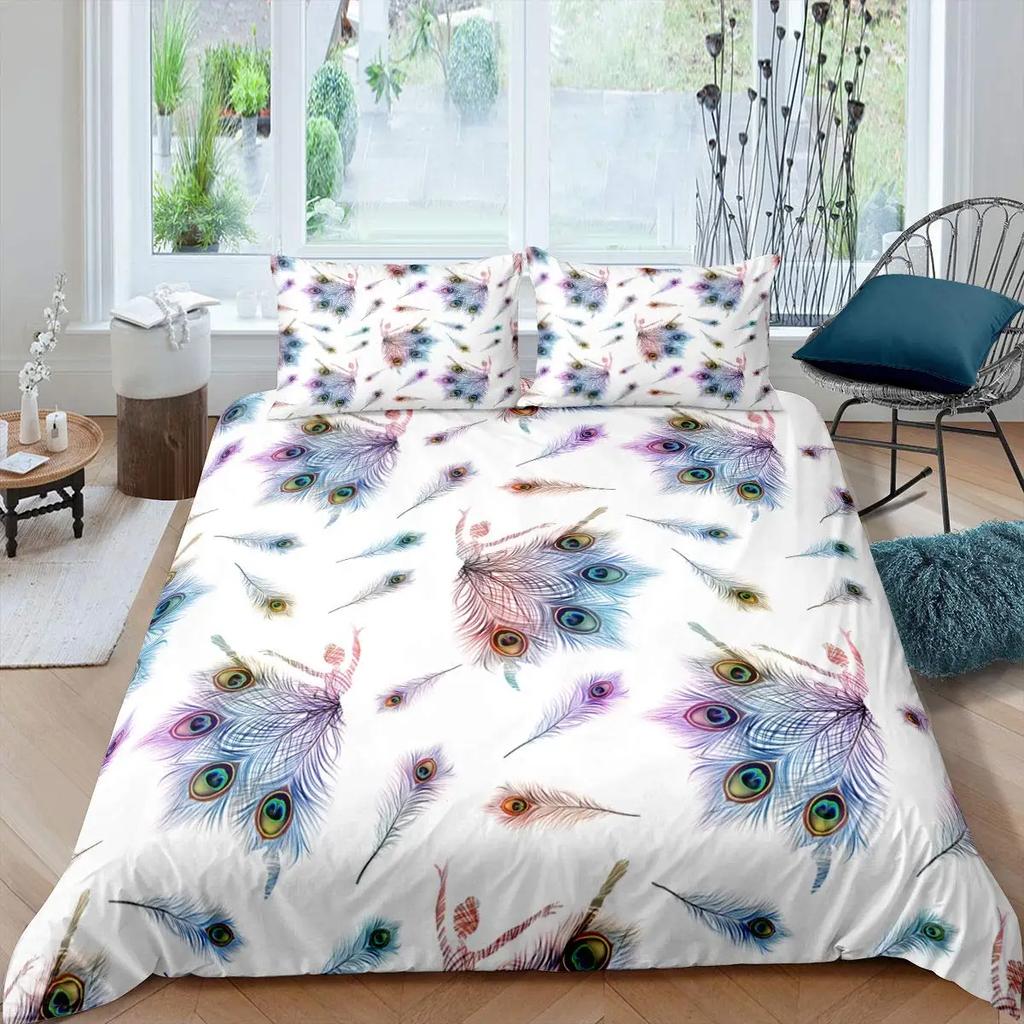 Peacock Feather Duvet Cover Set Full Queen Size Birds Feather Bedding Sets Chic Fantasy Peacock Feathers Comforter Cover 3 Pcs