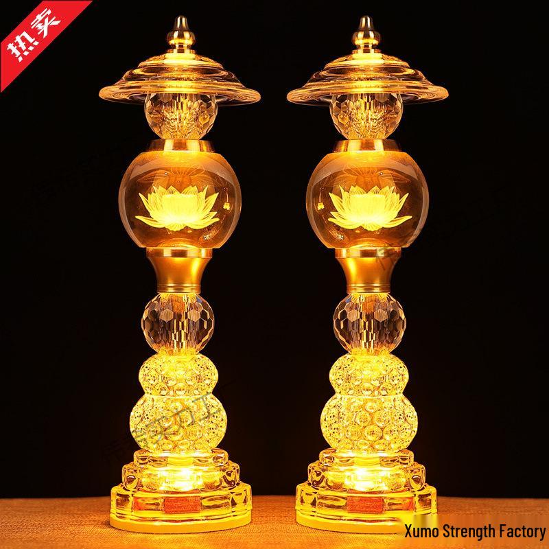 Buddha Altar Seven-Color Crystal Lotus Lamp, Plug-in Pair for Year of the Horse