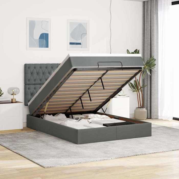 Cadre de lit avec matelas - 140x200 cm - Gris foncé - Rangement sous le lit - Mécanisme de levage hydraulique
