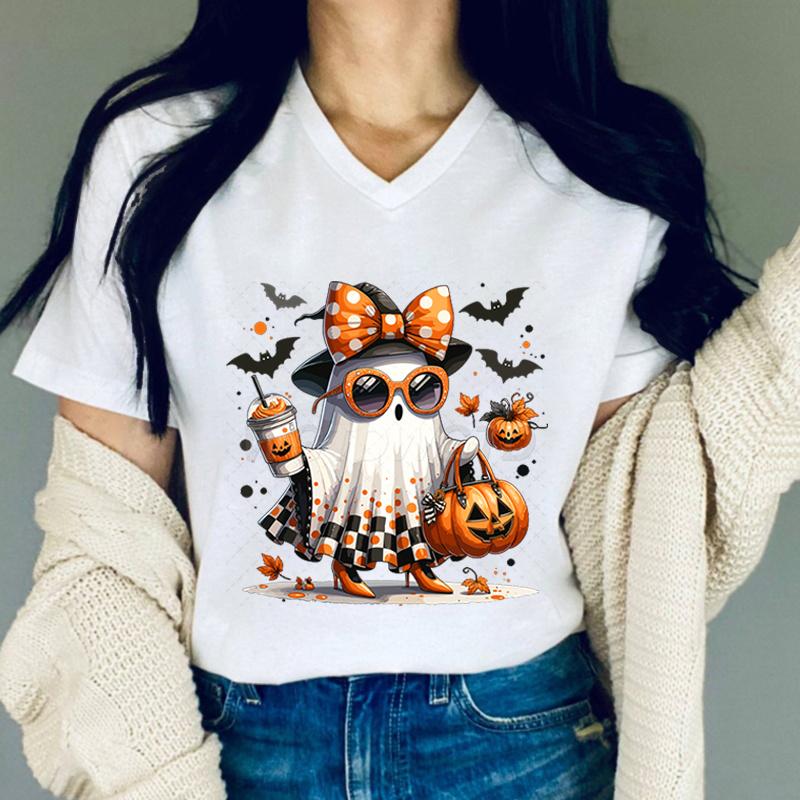 Halloween Cute Ghost Tshirt Women Halloween Pumpkin Retro Vintage T Shirts Women Fall Spooky Vneck Short Sleeve Tops Girls S