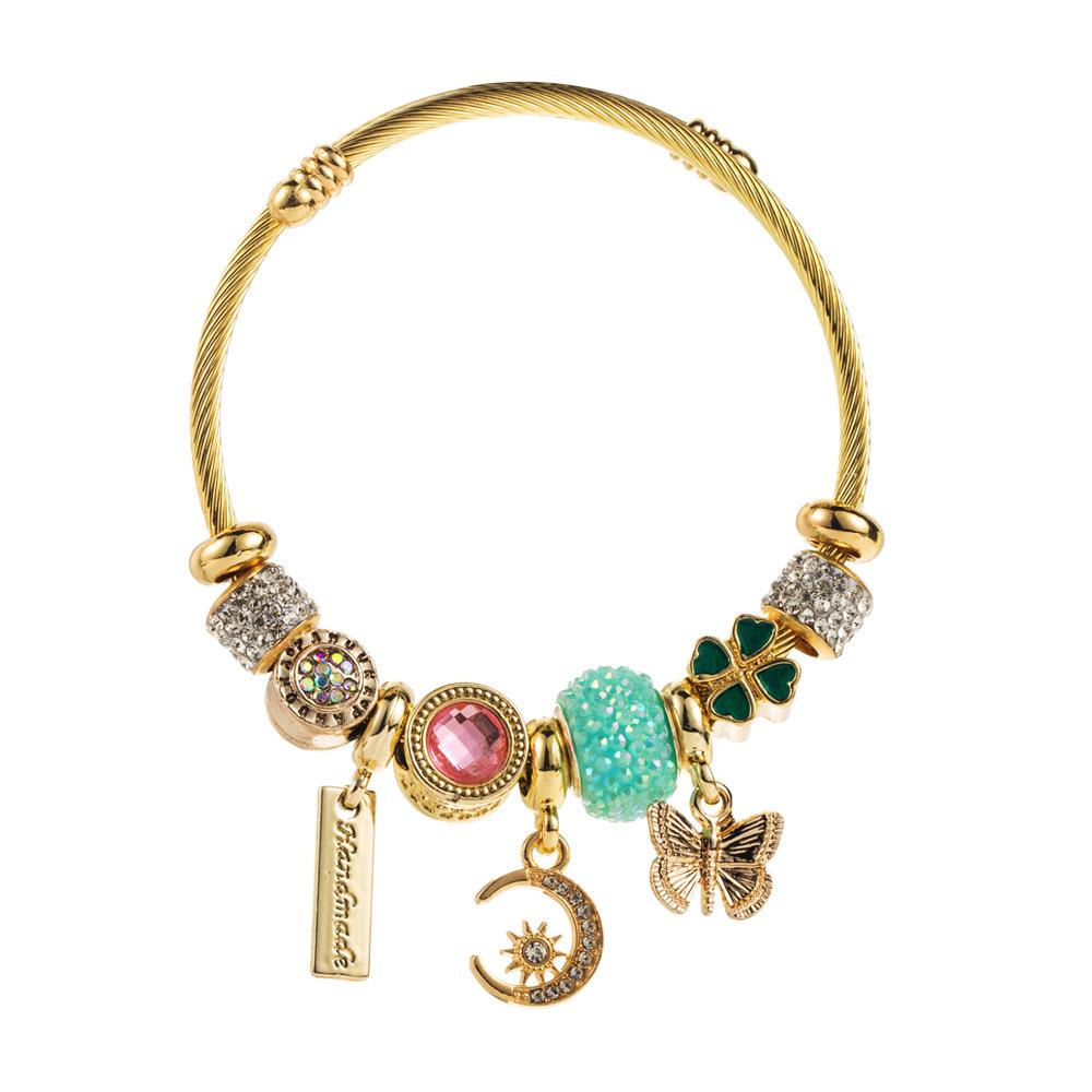 DIY Stainless Steel Beaded Bracelet Moon Butterfly Pendant Versatile Adjustable Couple Bracelet
