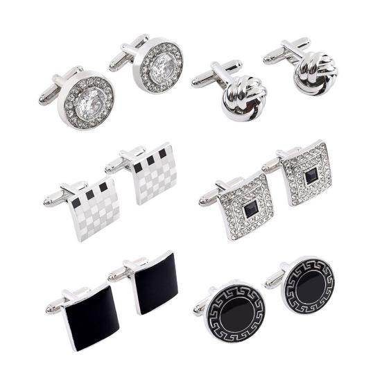 1 Pair Men Cufflinks Polished Smooth Surface Rhinestones Inlaid Rectangle Round Twist Shape Suit Shirt Cufflinks Button Replacement Accessories