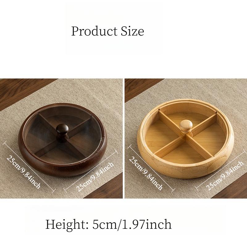Chinese Style Bamboo Tea Tray with Lid, Luxury Round Fruit Platter with Compartments for Afternoon Tea Snacks, Home Serving Tray