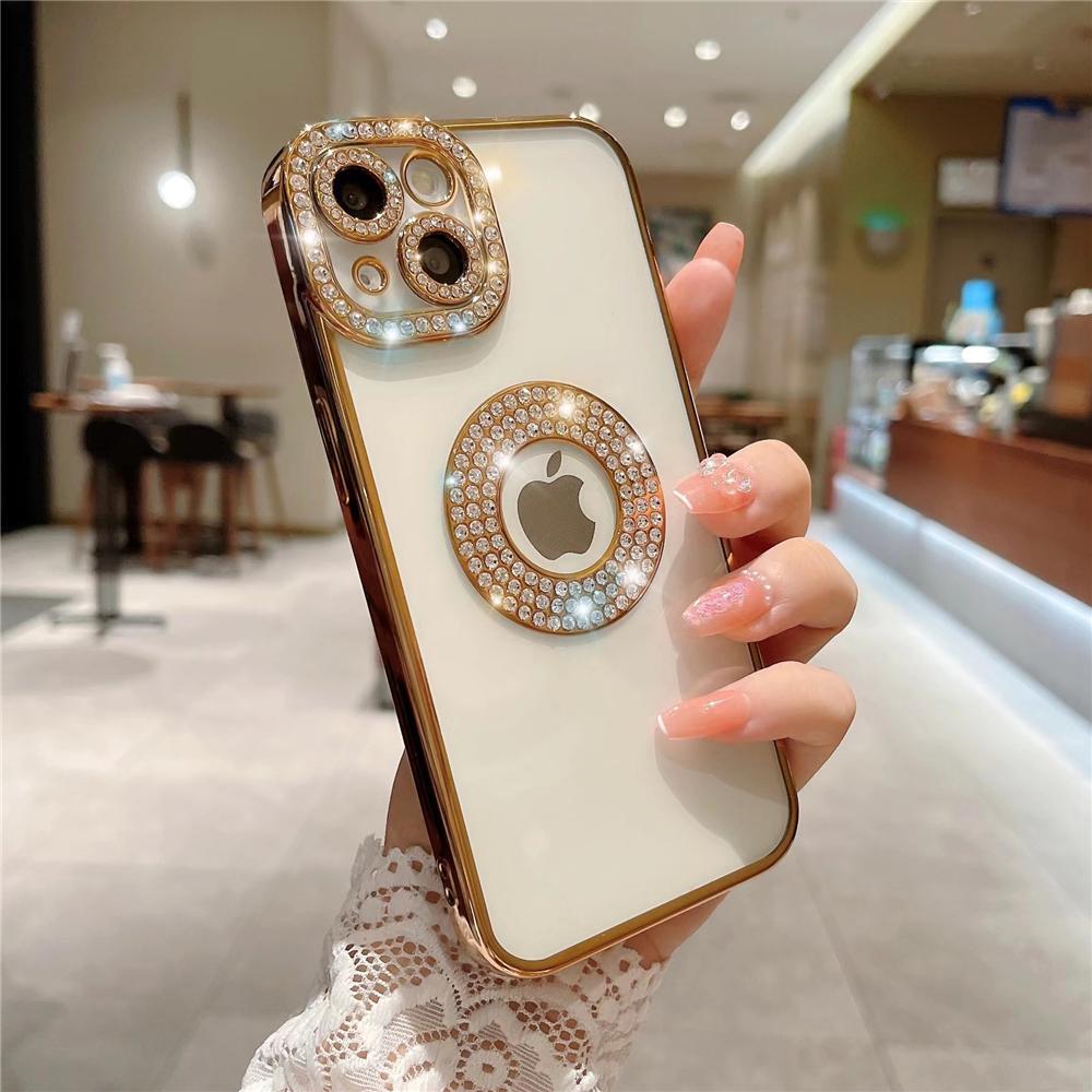 Luxury Plating Flash Diamond Glitter Phone Case For iPhone 11 12 13 15 16 Pro Max 14 Plus Hollow Rhinestone Soft Silicone Cover