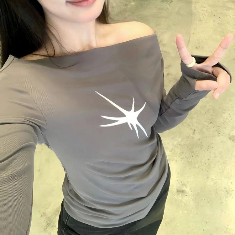 VAYLA Y2k Estetik Vintage Enfärgade Toppar Vår Sommar Långärmad Sned Krage T-shirt Hög Midja Tryck Streetwear Slim T-shirt