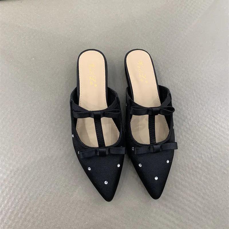 Gentle Fairy Bag Head Half Slippers Spring Fashion French Temperament Elegant Satin Bow Pointed Wedge Slippers