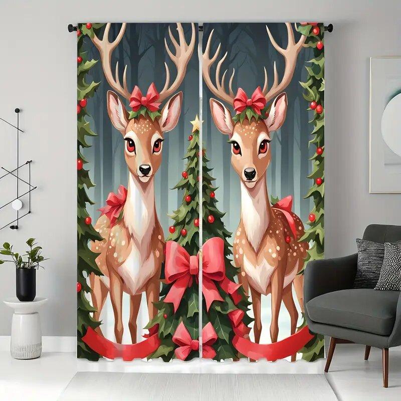 Christmas Cartoon Reindeer Print Curtains Decorations Bedroom Living Room Home Decoration Curtain Polyester Perfect For Area