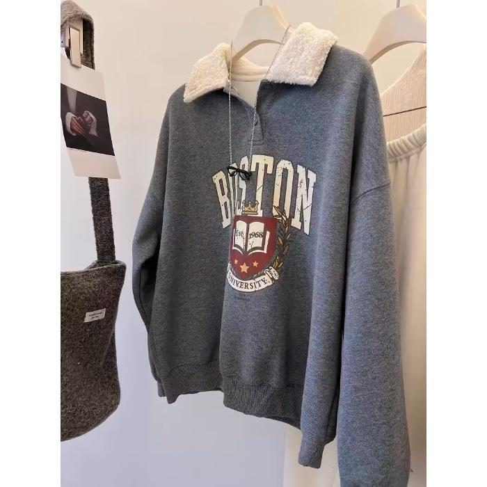 

Очень большой пуловер с лацканами, флисовая толстовка без капюшона для женщин на осень и зиму, свободного школьного стиля 4XL серый