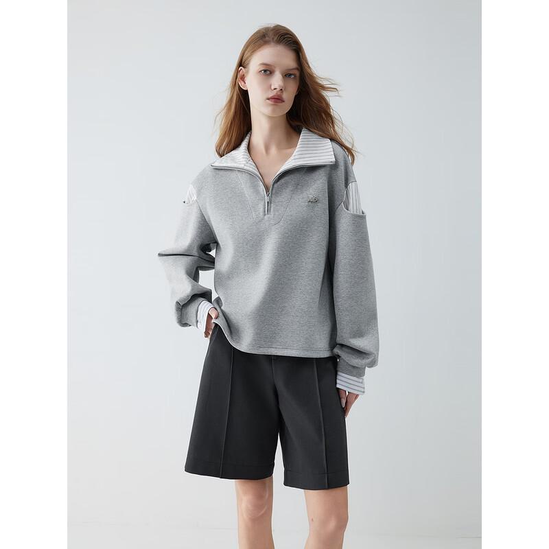 ELLE Women s Grey Plaid Patchwork Pullover Sweatshirt S