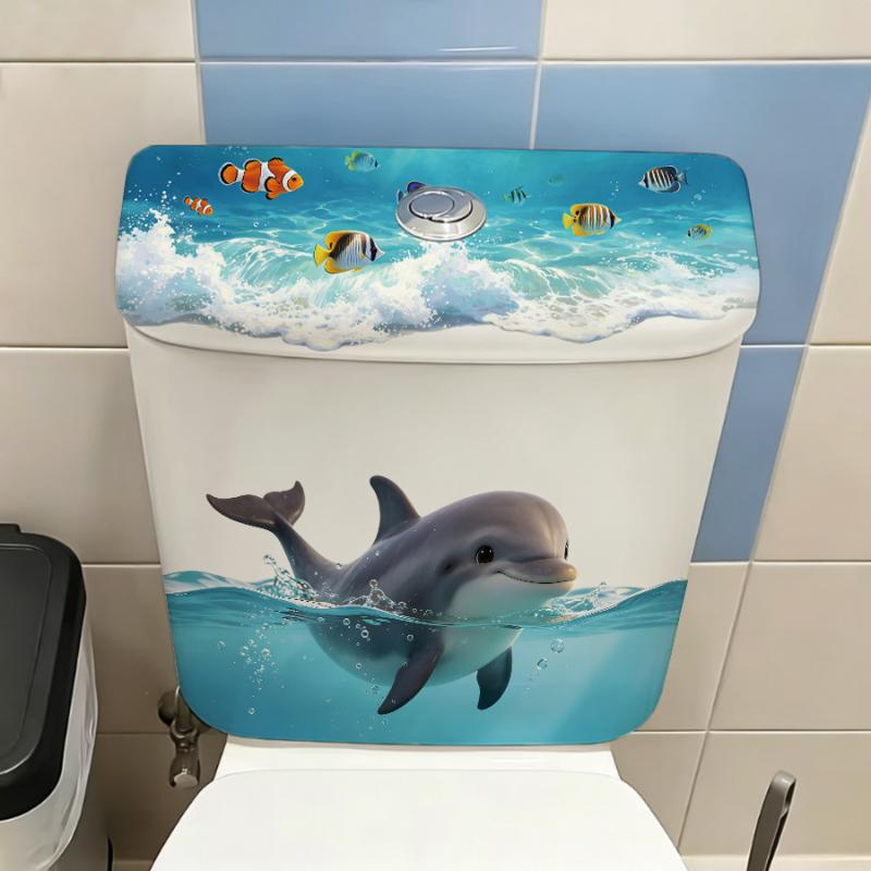 Cute Dolphin Toilet Tank Sticker Ocean Wave Vinyl Decal For Bathroom Decor Adhesive Home Decoration Accessories