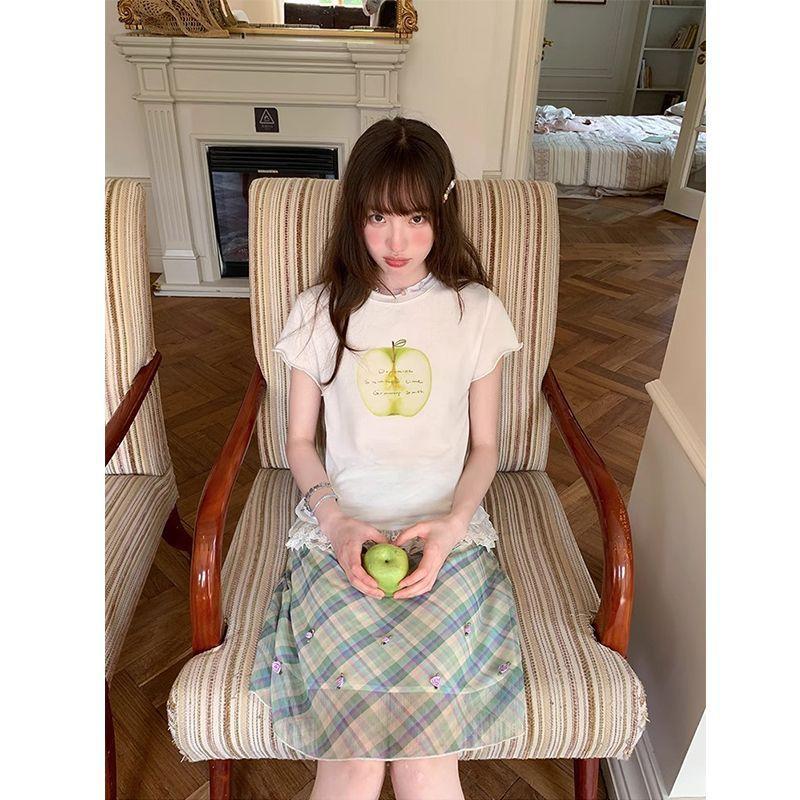 [Pure cotton] Pure cotton letter printed apple top women s summer lace hem splicing short sleeves S белый