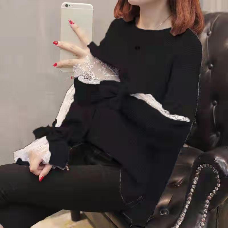 Long Sleeved Lace Patchwork Round Neck Sweater for Women Loose Fitting Solid Color Knit Sweater Top for Autumn and Winter