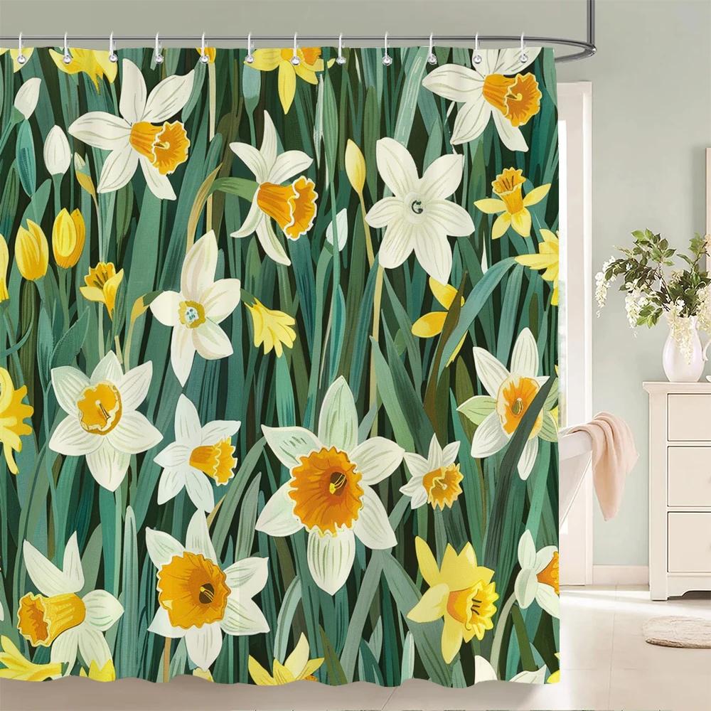 Home Shower Curtains for Bathroom Waterproof Fabric Spring Floral  and Plants Bathroom Curtains with Hooks Decorative Curtain