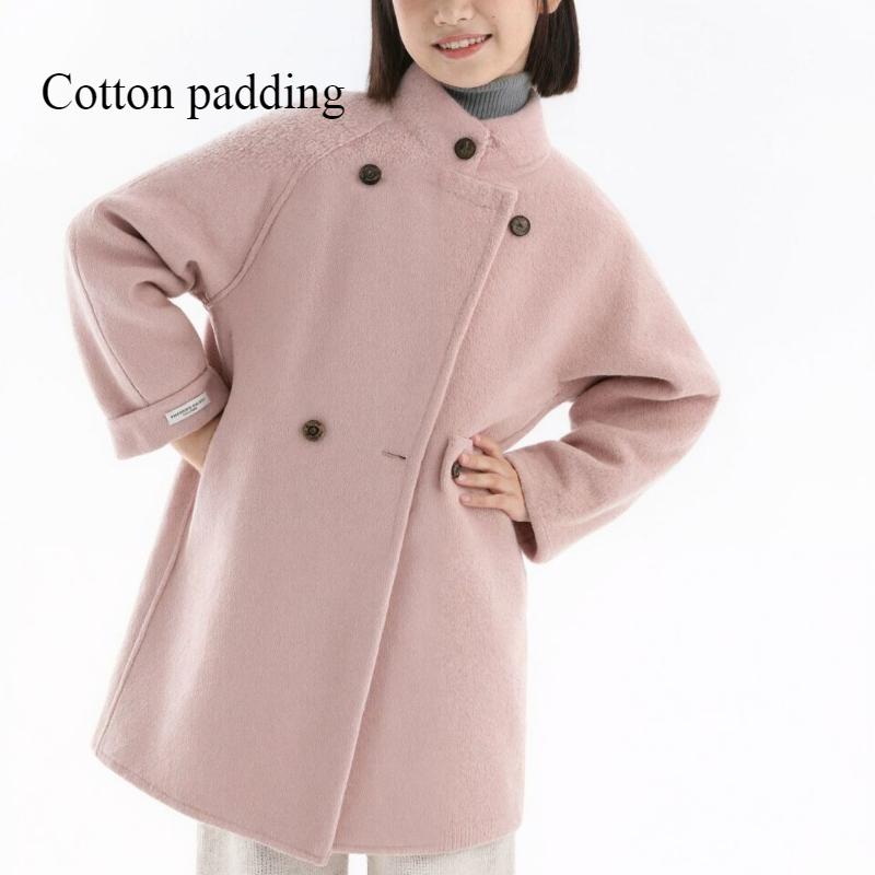 Mädchen Modischer Kirschblütenrosa Wollmantel, Lockerer Baumwollgefüllter Wollübermantel für Kinder Herbst und Winter
