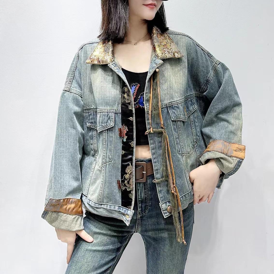 European Station Autumn New European Products New Chinese Light National Style Embroidered Satin Splicing Top Denim Jacket Women M синий