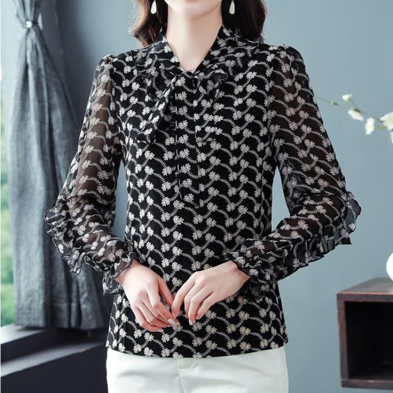 Summer New Bow Scarf Collar Ruffled Bottoming Shirt Women's Fashion Floral Chiffon Shirt Long Sleeved Top Mom's Blouse 4XL
