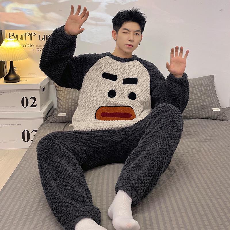 Pánská pyžamová souprava s dlouhým rukávem z korálového fleecu - Hřejivá, silná, žakárový design, vhodná pro domácí nebo venkovní nošení na podzim a v zimě.