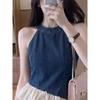 2026 Summer New Large Size French-Style Denim Ruffle Halter Neck Sleeveless Asymmetrical Top for Women in Hong Kong Style