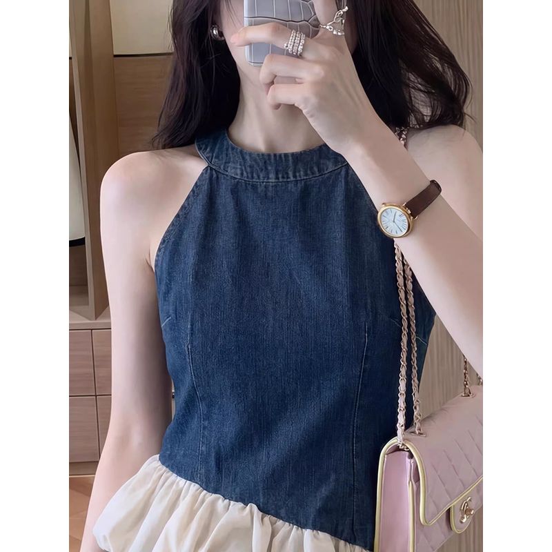 2026 Summer New Large Size French-Style Denim Ruffle Halter Neck Sleeveless Asymmetrical Top for Women in Hong Kong Style