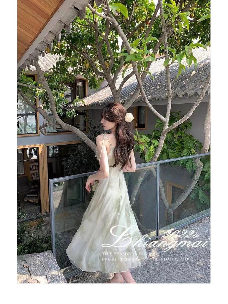 2024 Korean Style Sleeveless Ruffled Print Long Slim Fit Dress