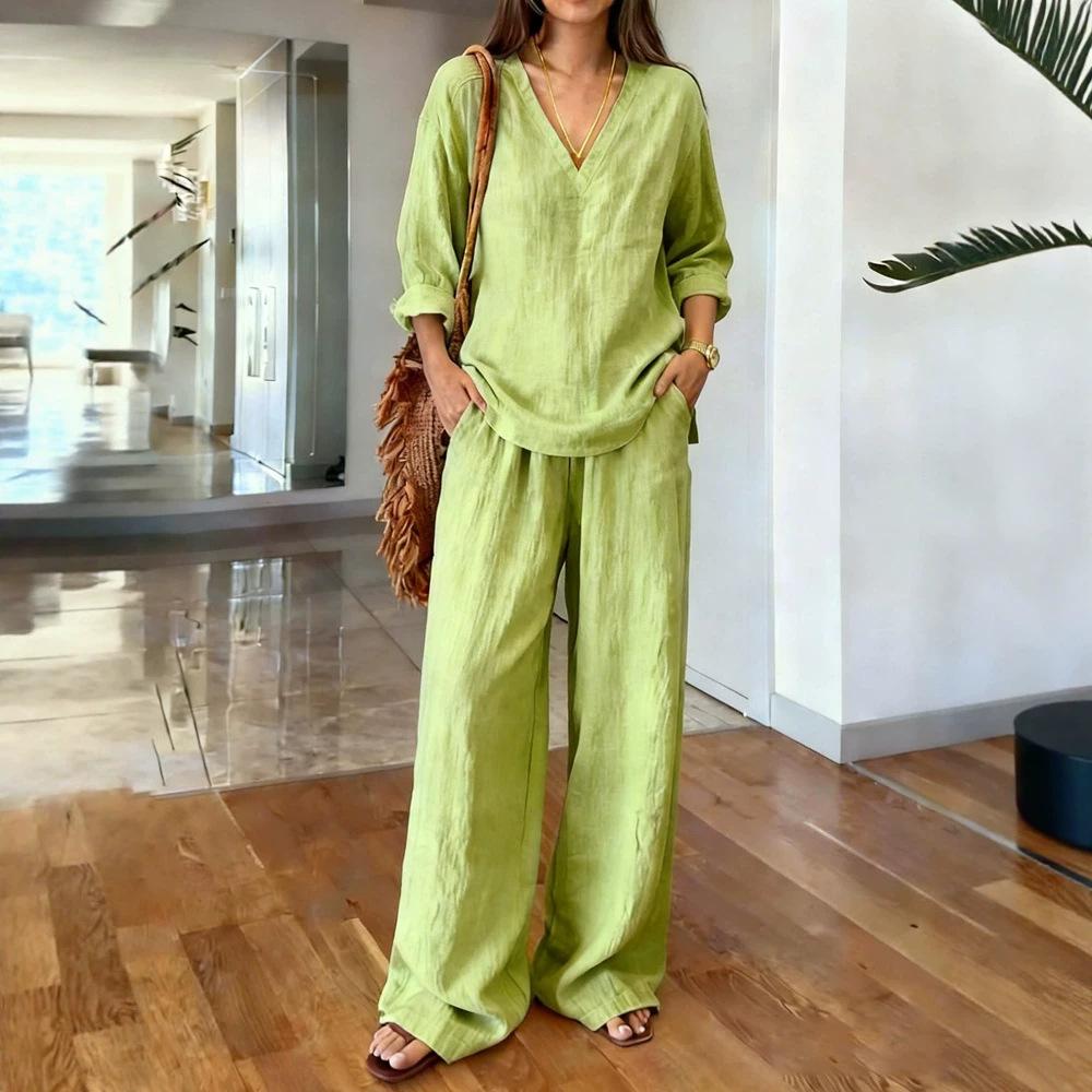 Women V Neck Long Sleeve Lounge Set Casual Wide Leg Pants Two Piece Outfit Solid Color Relaxed Fit